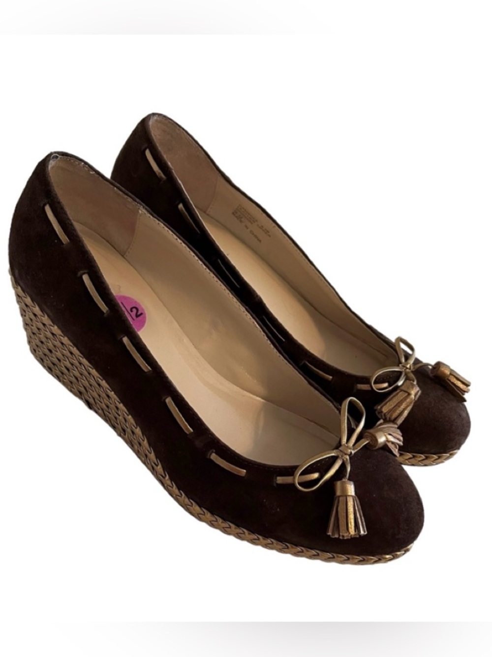Lauren Ralph Lauren Cambree Brown Suede with Gold Wedge Heels & Tassels NEW